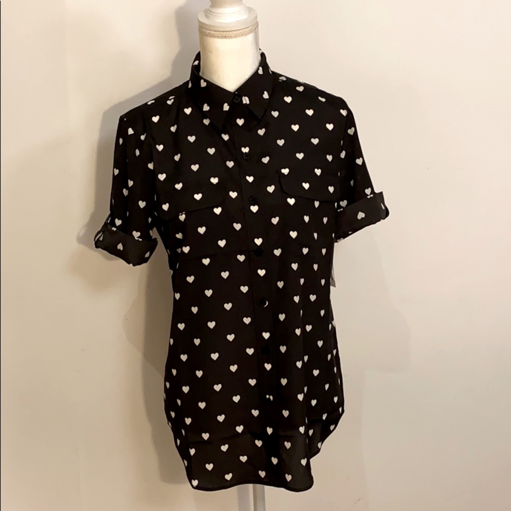 Equipment black short sleeve blouse with adorable white hearts